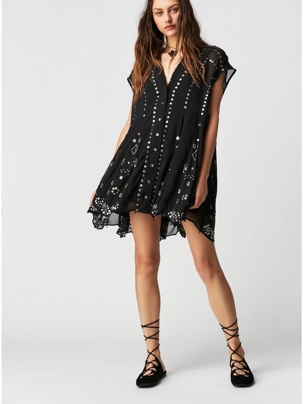 Free People Aston Mini Dress- Black Pleated Top with Branded Tag